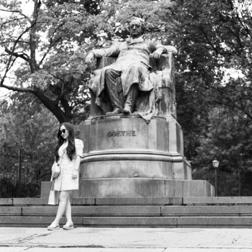 Posing with Goethe - Opernring Vienna, Austria 2021, Silver Gelatine 26x26 cm.